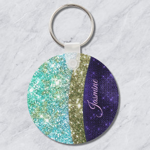 Chic iridescent purple blue faux glitter monogram key ring