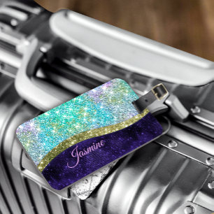 Chic iridescent purple blue faux glitter monogram luggage tag