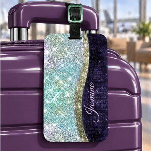 Chic iridescent purple blue faux glitter monogram luggage tag
