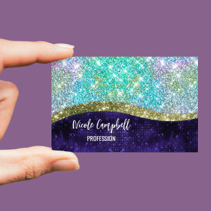 Chic iridescent purple blue faux glitter monogram 	Magnetic business card