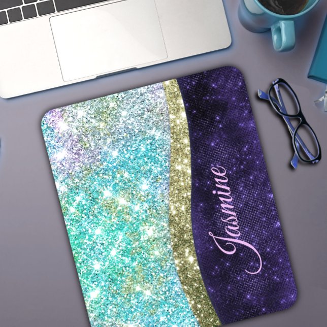 Chic iridescent purple blue faux glitter monogram mouse mat (Creator Uploaded)