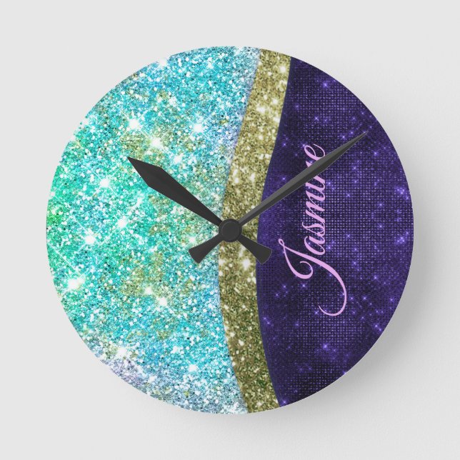 Chic iridescent purple blue faux glitter monogram round clock (Front)