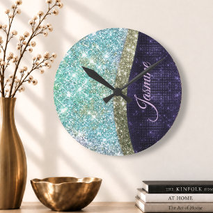 Chic iridescent purple blue faux glitter monogram round clock