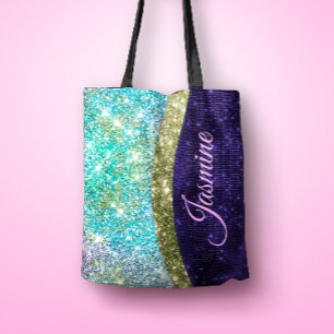 Chic iridescent purple blue faux glitter monogram tote bag