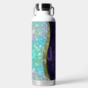 Chic iridescent purple blue faux glitter monogram water bottle