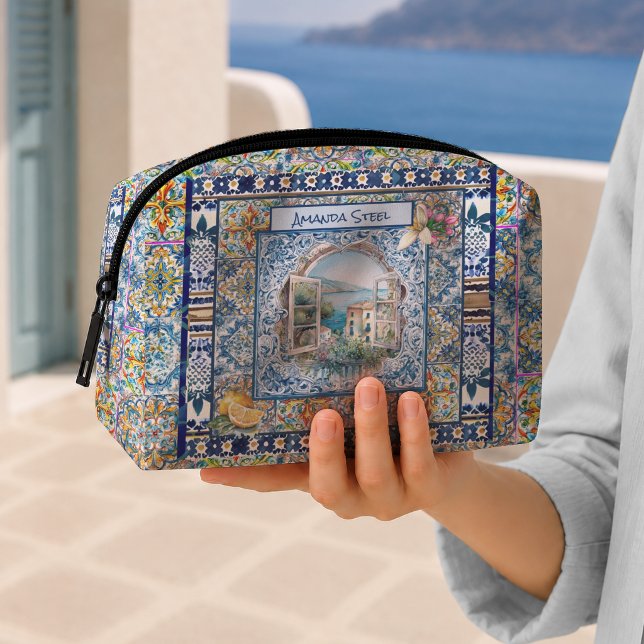 Chic Italian Blue Tile Floral Citrus Monogram Dopp Kit (Creator Uploaded)