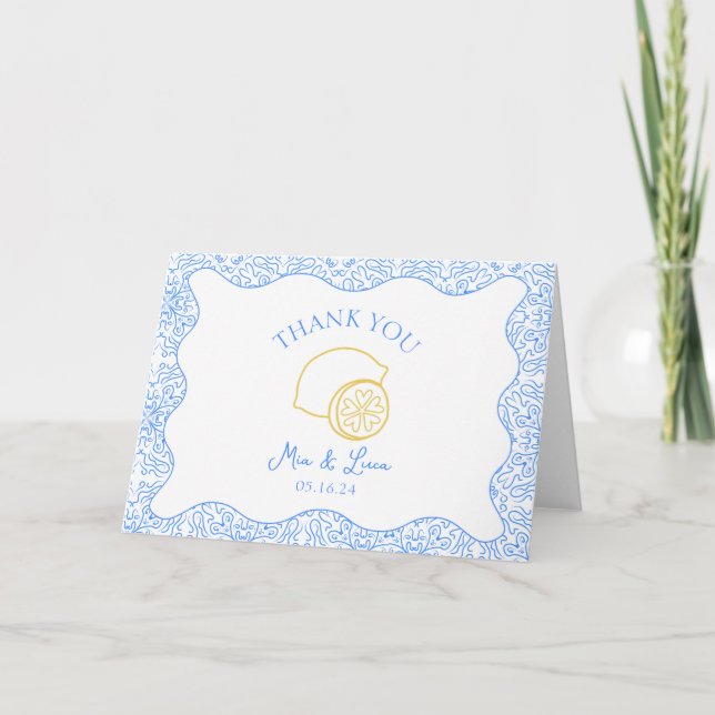Chic Italian Lemon Blue Tiles Personalised Wedding Thank You Card (Front)