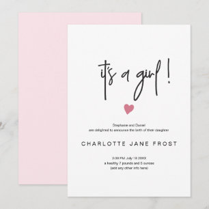 Chic Its A Girl Birth Announcement Tiny Pink Heart