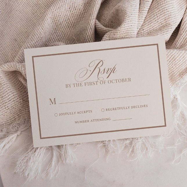 Chic Ivory and Taupe Border | Luxe Neutral Wedding RSVP Card (Creator Uploaded)