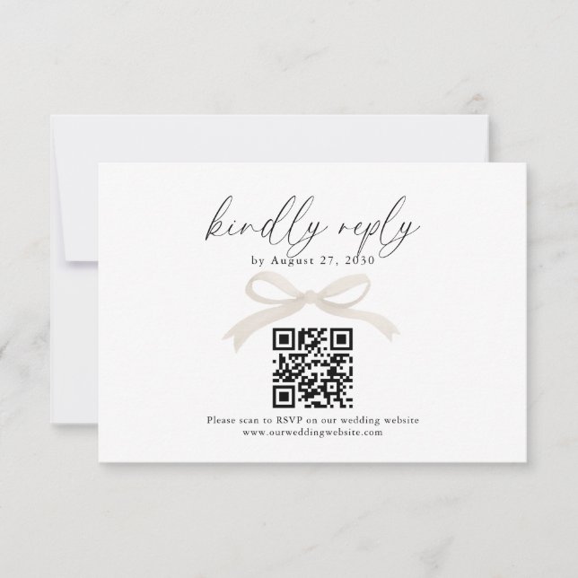 Chic Ivory Beige Bow Ribbon QR Code Wedding Rsvp Card (Front)