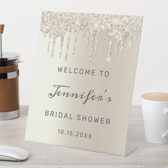 Chic Ivory Dripping Glitter Bridal Shower Welcome Pedestal Sign (In SItu)