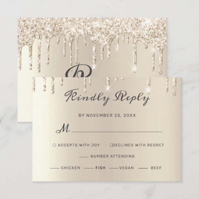 Chic Ivory Dripping Glitter Elegant Script Wedding RSVP Card (Front/Back)