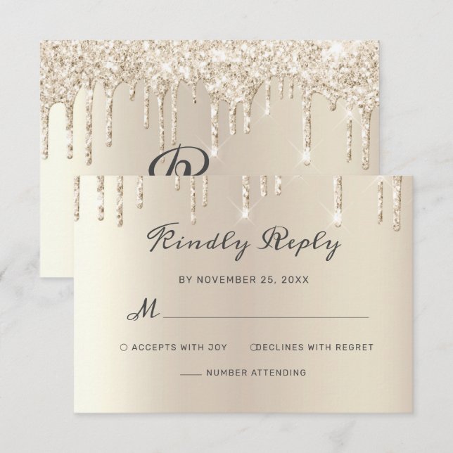Chic Ivory Dripping Glitter Elegant Script Wedding RSVP Card (Front/Back)