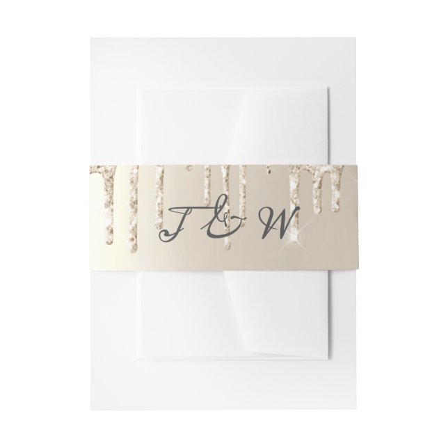 Chic Ivory Dripping Glitter Monogram Wedding Invitation Belly Band (Front Example)