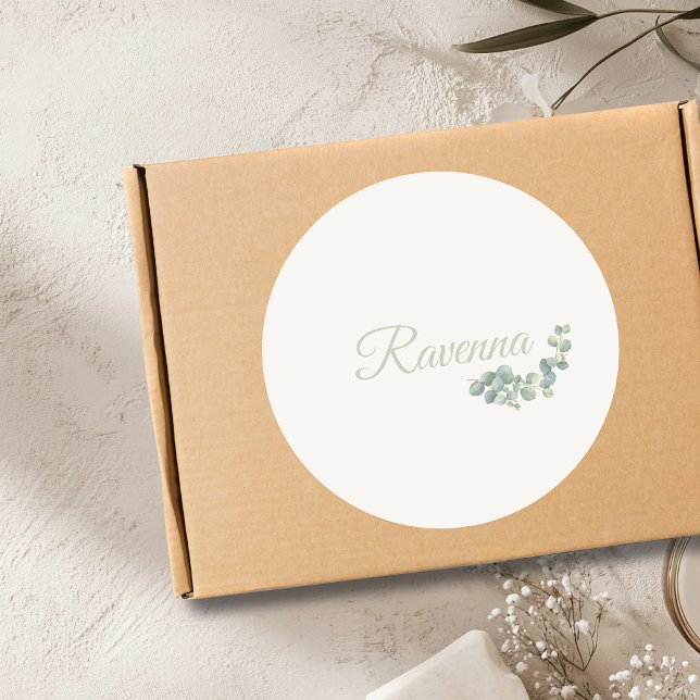 Chic Ivory Eucalyptus Sage Personalised Name Classic Round Sticker (Creator Uploaded)