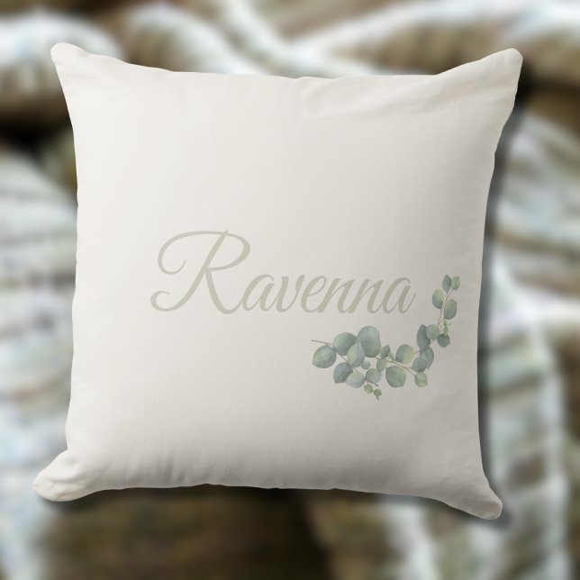 Chic Ivory Eucalyptus Sage Personalised Name Cushion (Creator Uploaded)