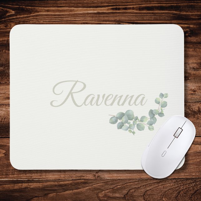 Chic Ivory Eucalyptus Sage Personalised Name Mouse Mat (Creator Uploaded)