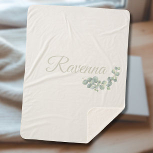 Chic Ivory Eucalyptus Sage Personalised Name Sherpa Blanket