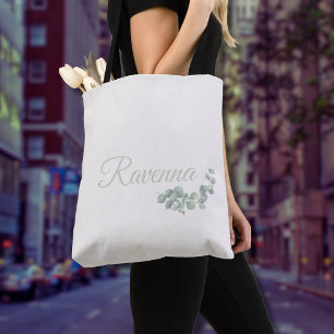 Chic Ivory Eucalyptus Sage Personalised Name Tote Bag