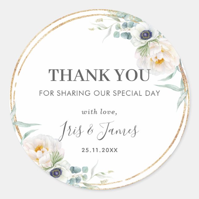Chic Ivory Floral Peony Greenery Wedding Favour Classic Round Sticker (Front)