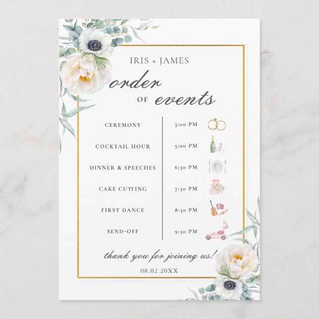 Chic Ivory Floral Wedding Order of Event Timeline  Programme (Front)