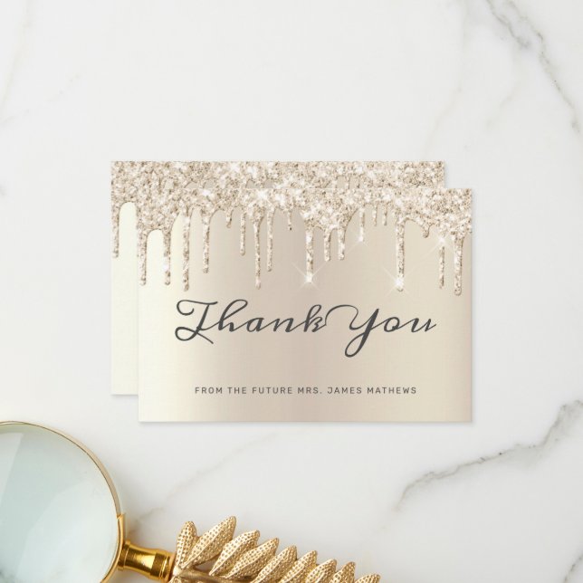 Chic Ivory Glitter Drips Bridal Shower Thank You (Front/Back In Situ)