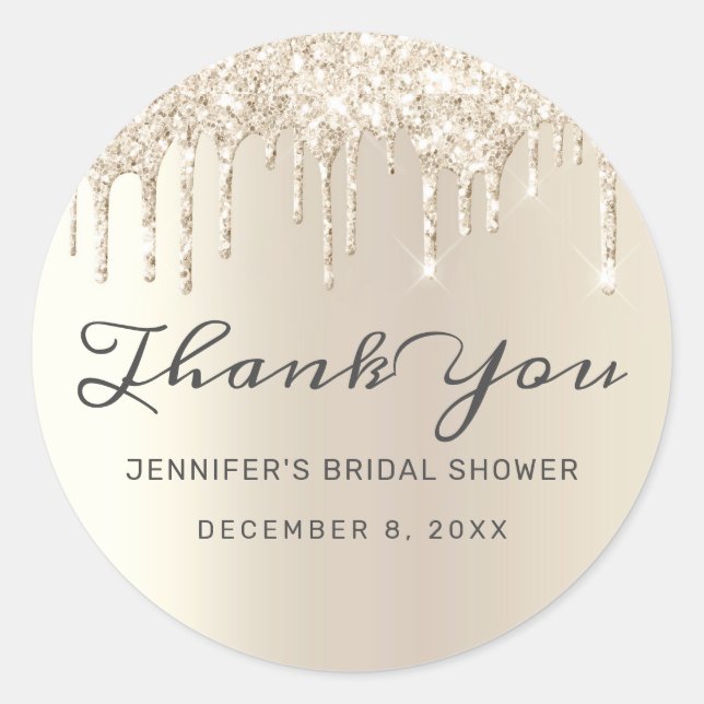 Chic Ivory Glitter Drips Bridal Shower Thank You Classic Round Sticker (Front)