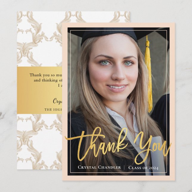 Chic Ivory Gold Script Graduation Photo Thank You Announcement (Front/Back)
