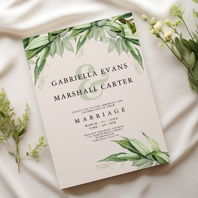 Chic ivory green foliage floral ampersand wedding invitation (Chic ivory green foliage floral ampersand wedding)