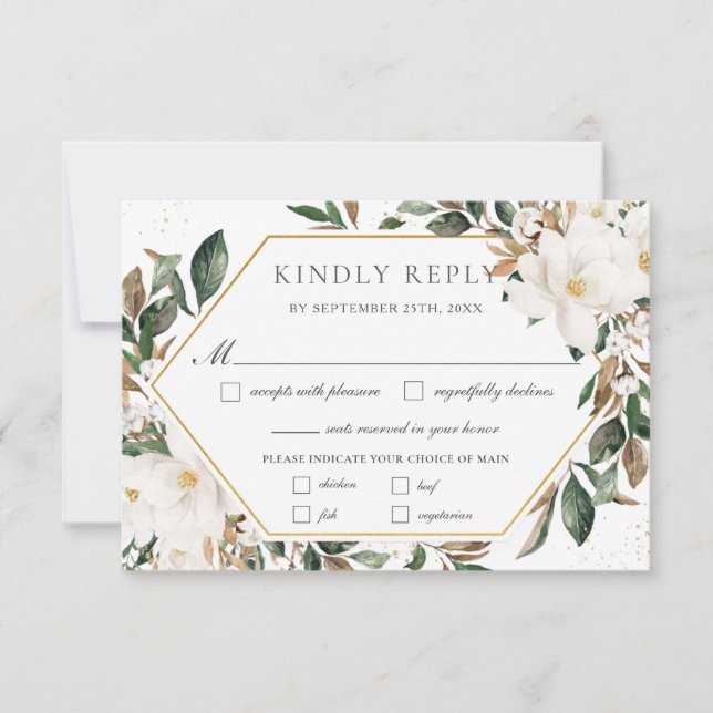 Chic Ivory Magnolia Floral Greenery Wedding Meal  RSVP Card (Front)