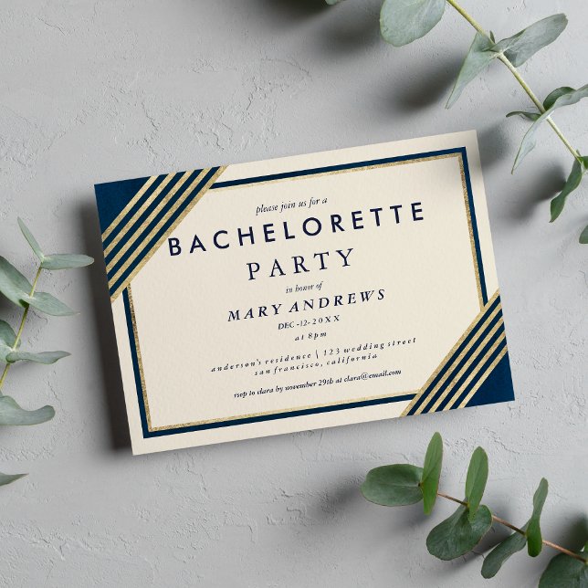 Chic ivory navy blue faux gold Bachelorette Party Invitation (Pink peony rose gold terrarium floral wedding)