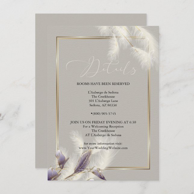 Chic Ivory  Pampas Grass Amethyst Anthurium Invitation (Front/Back)