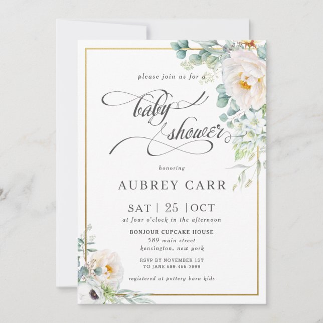 Chic Ivory Peony Rose Floral Greenery Baby Shower  Invitation (Front)
