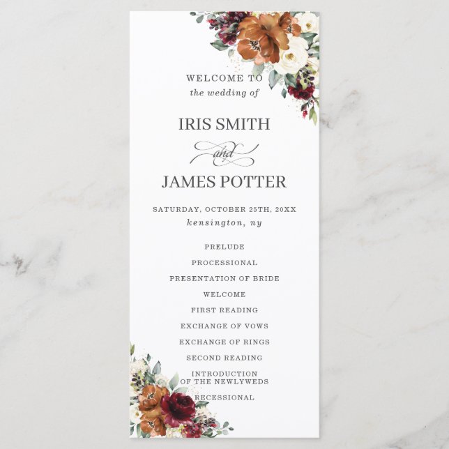 Chic Ivory Rust Burgundy Floral Wedding Program Programme (Front)