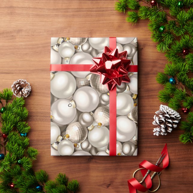 Chic Ivory Silver Gold Baubles Ornaments Pattern Wrapping Paper (Holiday Gift)