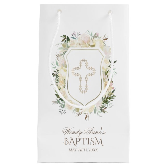 Chic Ivory Watercolour Floral Girl Christening Small Gift Bag (Front)