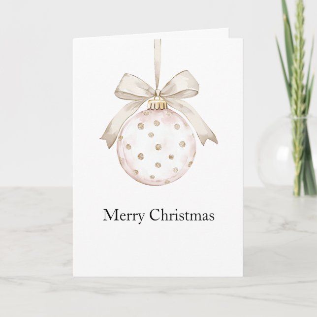 Chic Ivory White Dots Bow Ornament Christmas Card (Front)