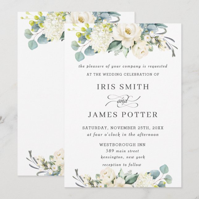 Chic Ivory White Floral Greenery Wedding Invitation (Front/Back)