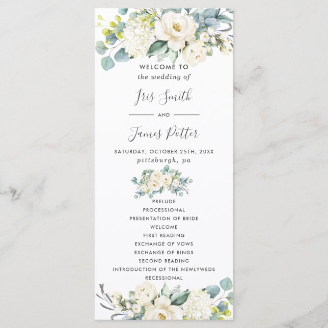 Chic Ivory White Floral Greenery Wedding Program Programme (Front)