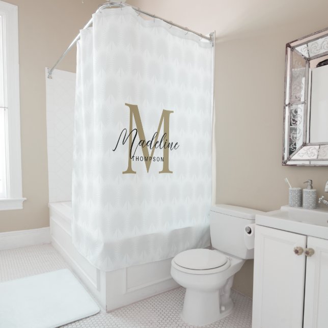 Chic Ivory White Gold Anahaw Leaf Script Monogram Shower Curtain (In Situ)