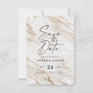 Chic Ivory White Marble with Yellow Gold Glitter Save The Date