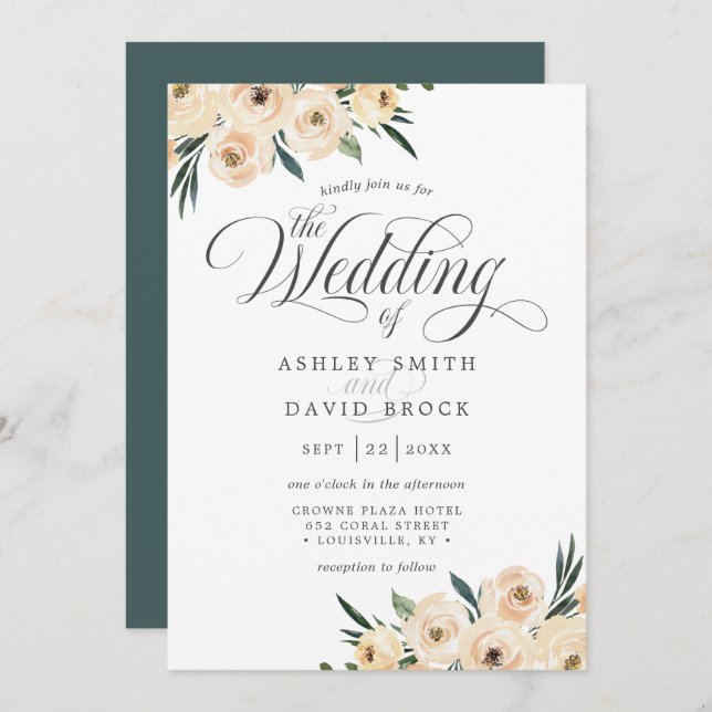 Chic Ivory White Rose Floral Wedding Invitation (Front/Back)