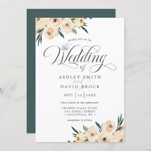 Chic Ivory White Rose Floral Wedding Invitation