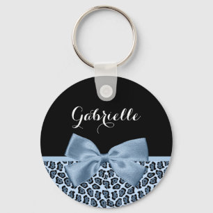 Chic Jaguar Print Light Blue Bow With Name Key Ring