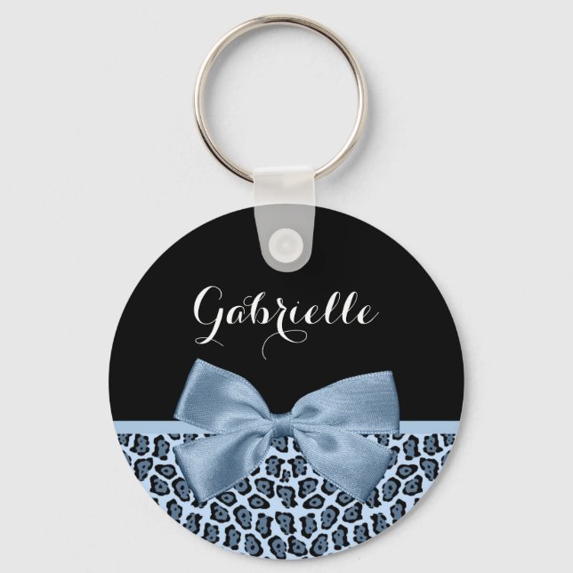 Chic Jaguar Print Light Blue Bow With Name Key Ring (Front)