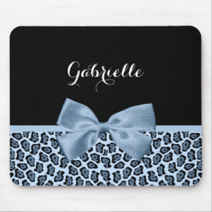 Chic Jaguar Print Light Blue Bow With Name Mouse Mat