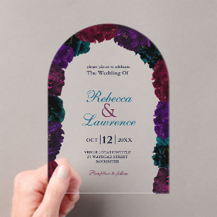Chic jewel tones floral burgundy navy wedding arch acrylic invitations