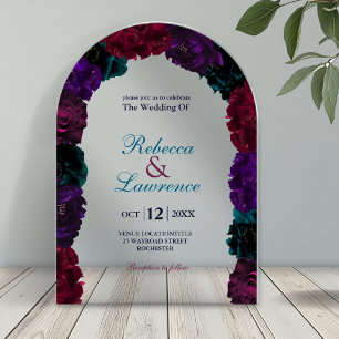 Chic jewel tones floral burgundy navy wedding arch acrylic invitations
