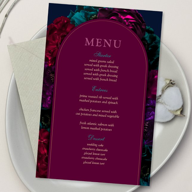 Chic jewel tones floral burgundy navy wedding menu (Creator Uploaded)