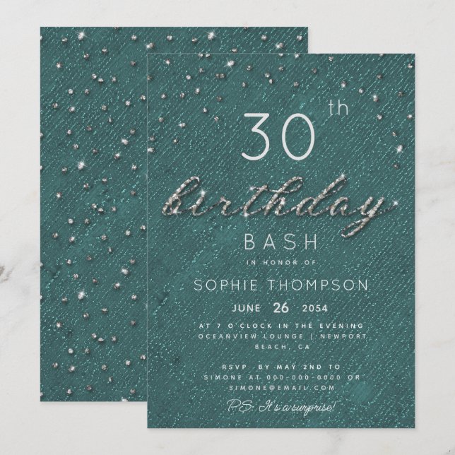 Chic Jewels Emerald Sparkle Glitter Birthday Party Invitation (Front/Back)